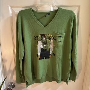 Green Graphic V-Neck Sweater by Zannza Couture, Size Large